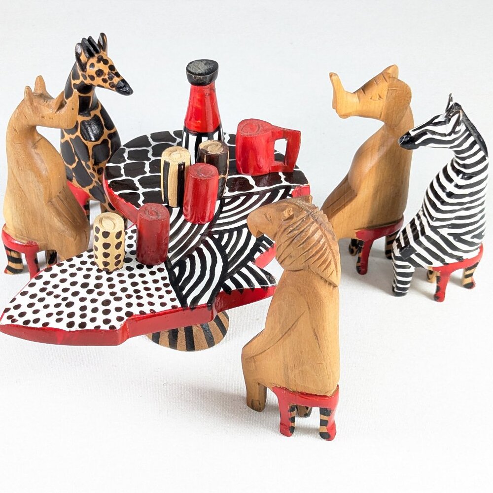 Safari Animal Shelf Display - Hand-made wooden "Party Animals" drinking at table